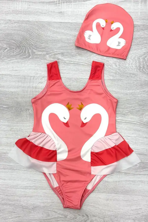 Zarif Kuğu Desenli Üç Kat Fırfır Detaylı Boneli Kız Çocuk Mayo