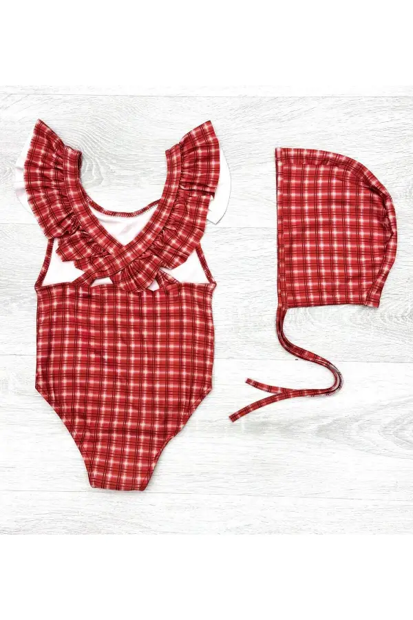 Sırttan Çapraz Fırfır Detaylı Boneli Kız Çocuk Mayo