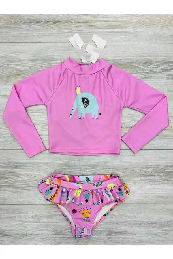 Uzun Kollu Güneş Korumalı Alt Bikinlili Kız Çocuk Mayosu