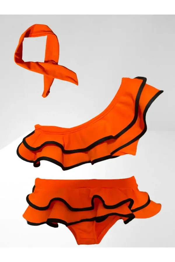 Kız Çocuk Neon Renkler Pembe Renk Tek Omuz Fırfırlı Bikini Takımı