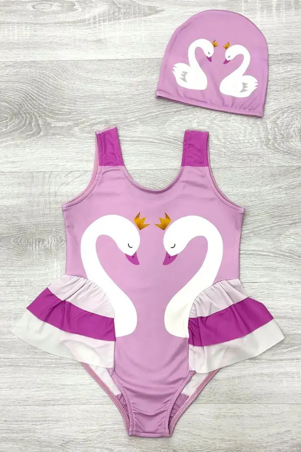 Zarif Kuğu Desenli Üç Kat Fırfır Detaylı Boneli Kız Çocuk Mayo