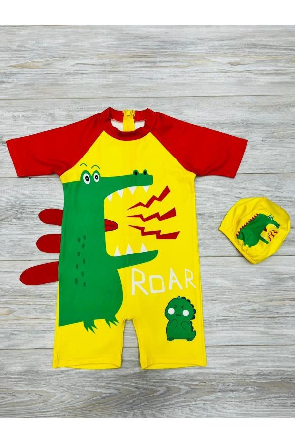 Tatlı Dino Temalı Boneli Erkek Çocuk Mayo Takımı