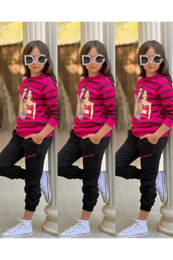 Çizgili Desenli Kız Çocuk Takım