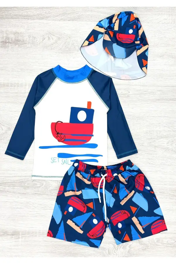 Güneş Korumalı Boneli Karakter Desenli Deniz Şortlu Mayo Takım