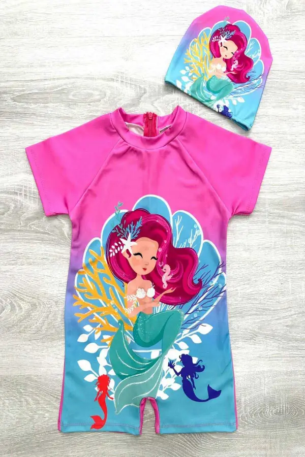 Karakter Desenli Fermuarlı Kız Çocuk Mayo