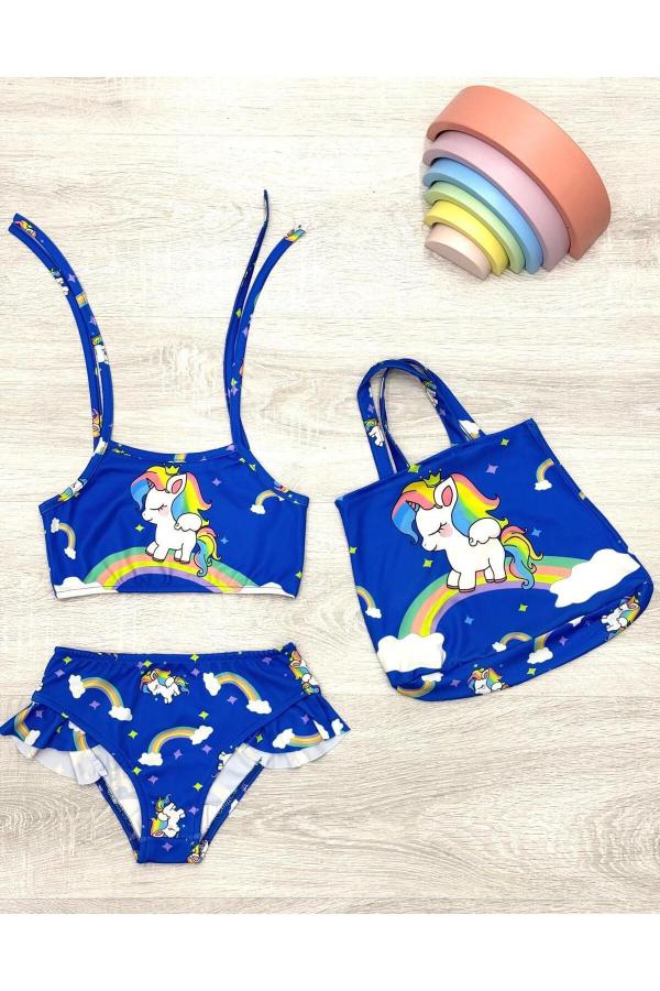 Kız Çocuk Üstü Baskılı Fırfırlı Bikini Takım - Kız Çocuk Çantalı Fırfırlı Mayo