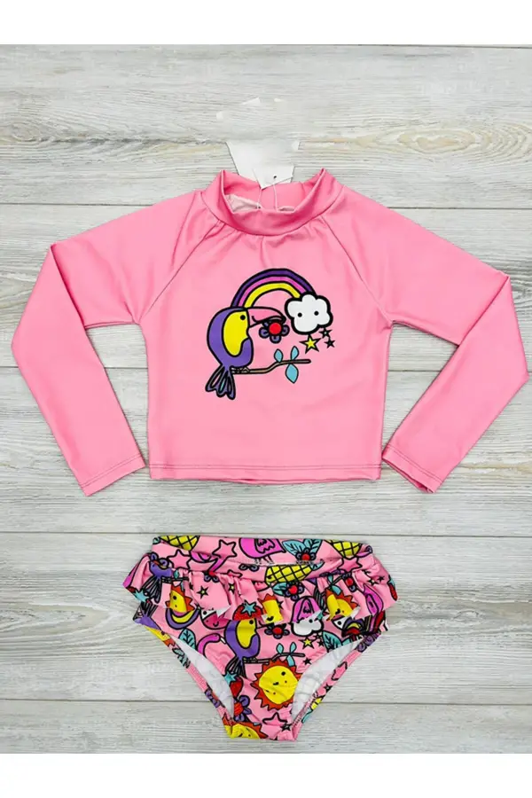 Uzun Kollu Güneş Korumalı Alt Bikinlili Kız Çocuk Mayosu