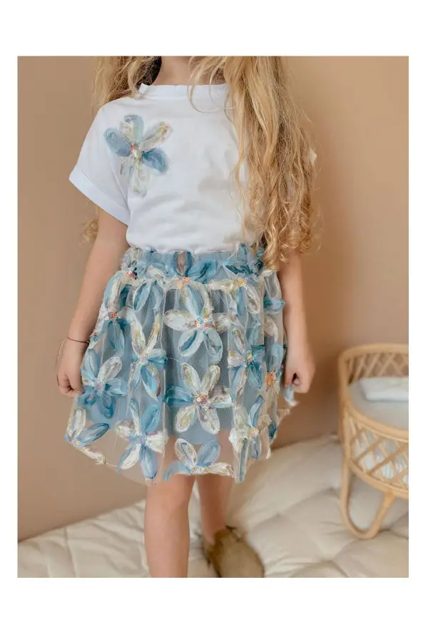 Zambak Çicekli Kız Çocuk Etekli Takım