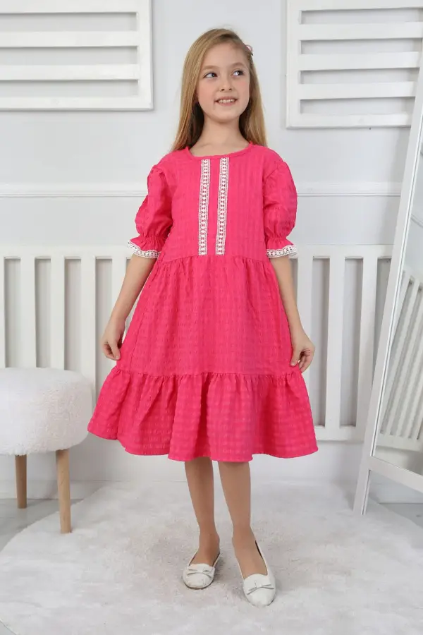 Gofre Kumaş Kız Çocuk Elbise