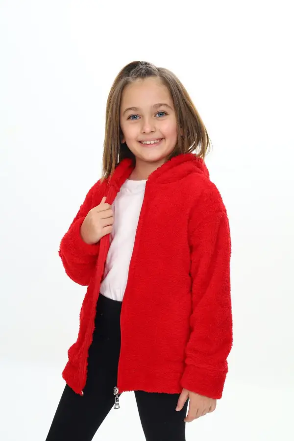 Kapuşonlu Fermuarlı Peluş Çocuk Montu