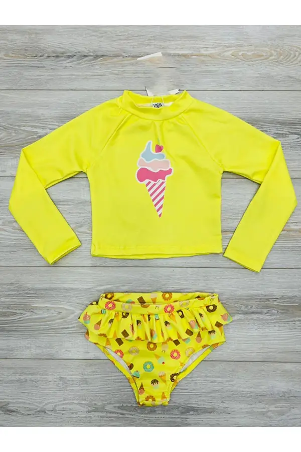 Uzun Kollu Güneş Korumalı Alt Bikinlili Kız Çocuk Mayosu
