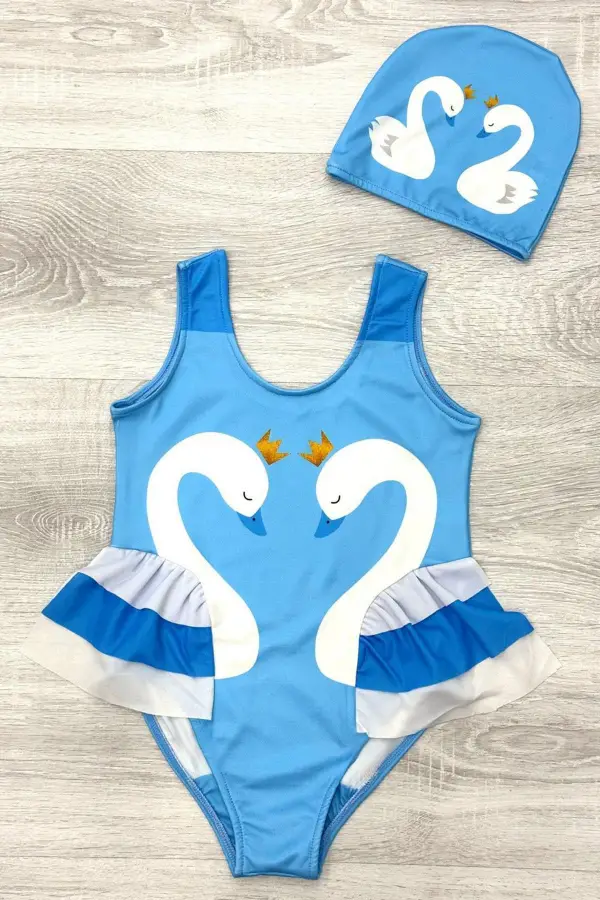 Zarif Kuğu Desenli Üç Kat Fırfır Detaylı Boneli Kız Çocuk Mayo