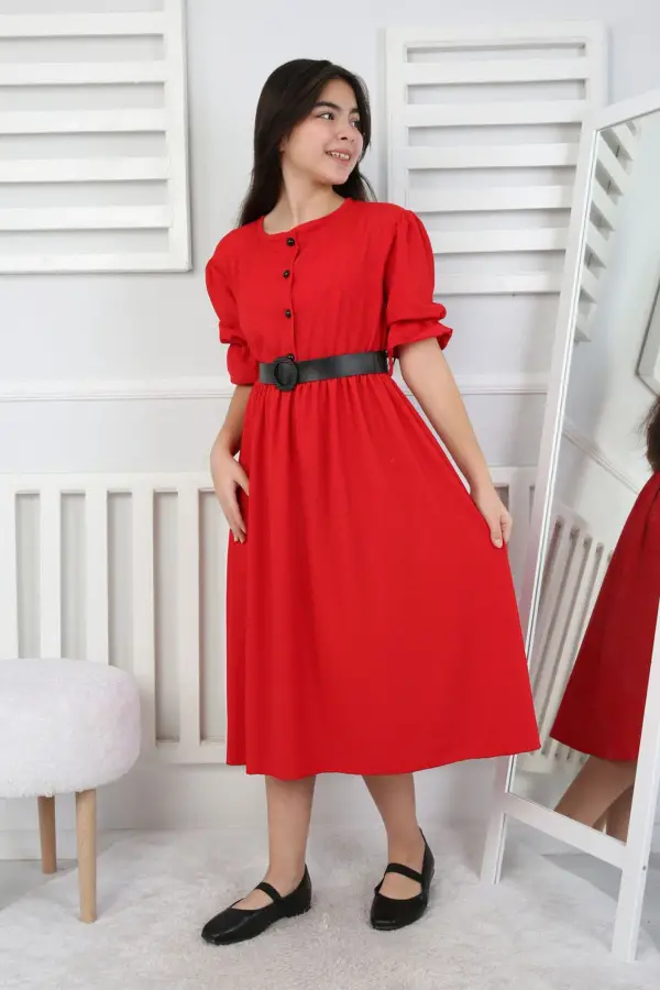 Beli Büzgü Ve Kemerli Kız Çocuk Elbise