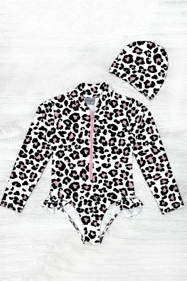 Fırfır Detaylı Leopar Desen Boneli Kız Çocuk Mayo