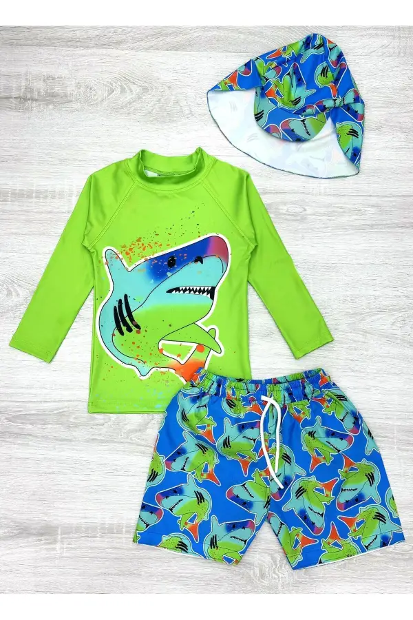 Güneş Korumalı Boneli Karakter Desenli Deniz Şortlu Mayo Takım