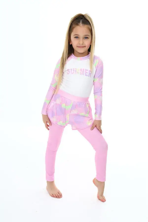 İki Parça Kız Çocuk Uzun Taytlı Ve Şortlu Mayo