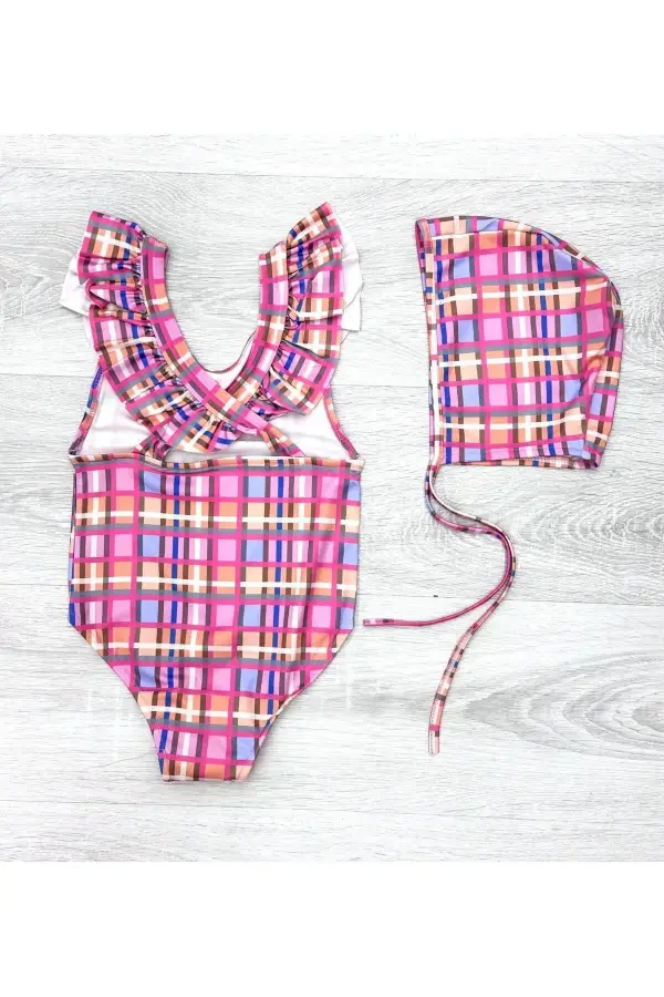 Sırttan Çapraz Fırfır Detaylı Boneli Kız Çocuk Mayo