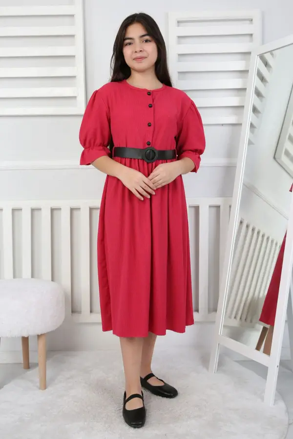 Beli Büzgü Ve Kemerli Kız Çocuk Elbise