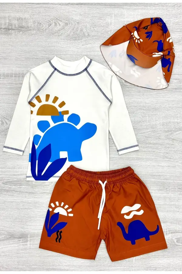Güneş Korumalı Boneli Karakter Desenli Deniz Şortlu Mayo Takım