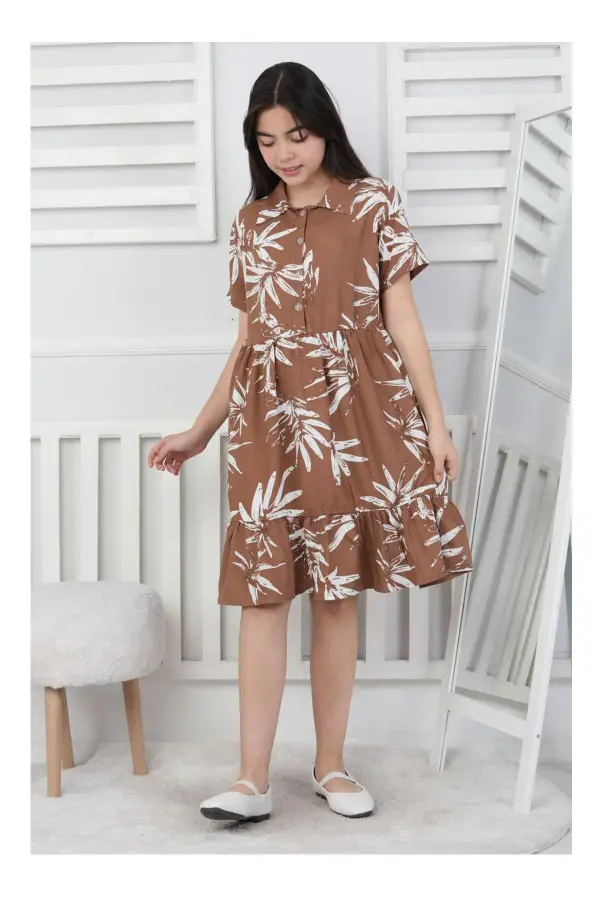 Desenli Kız Çocuk Düğmeli Elbise