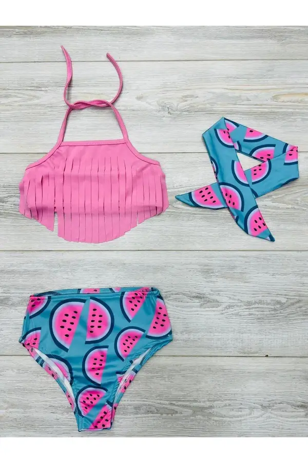 Bandanalı Fırfır Detaylı Yüksek Bel Kız Çocuk Mayo Takımı