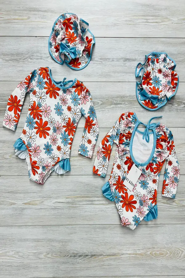 Şapkalı Sırtı Fırfırlı İp Askılı Çiçekli Mayo