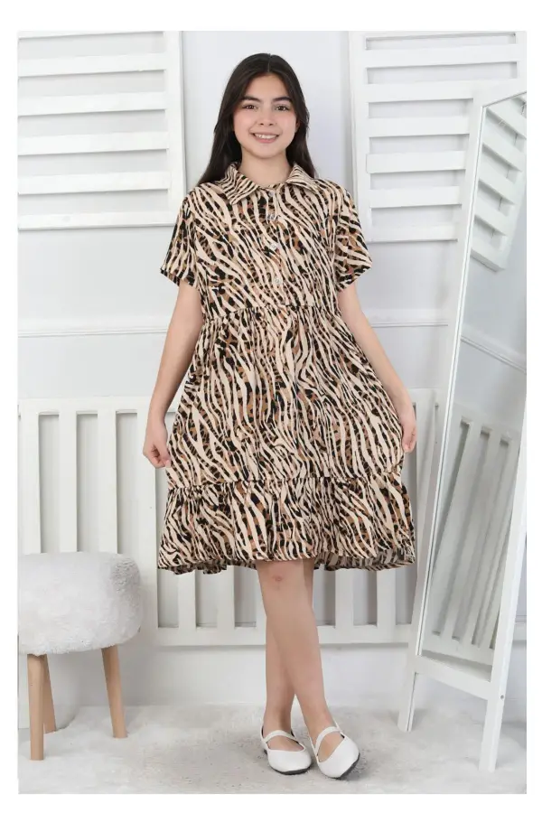 Desenli Kız Çocuk Düğmeli Elbise