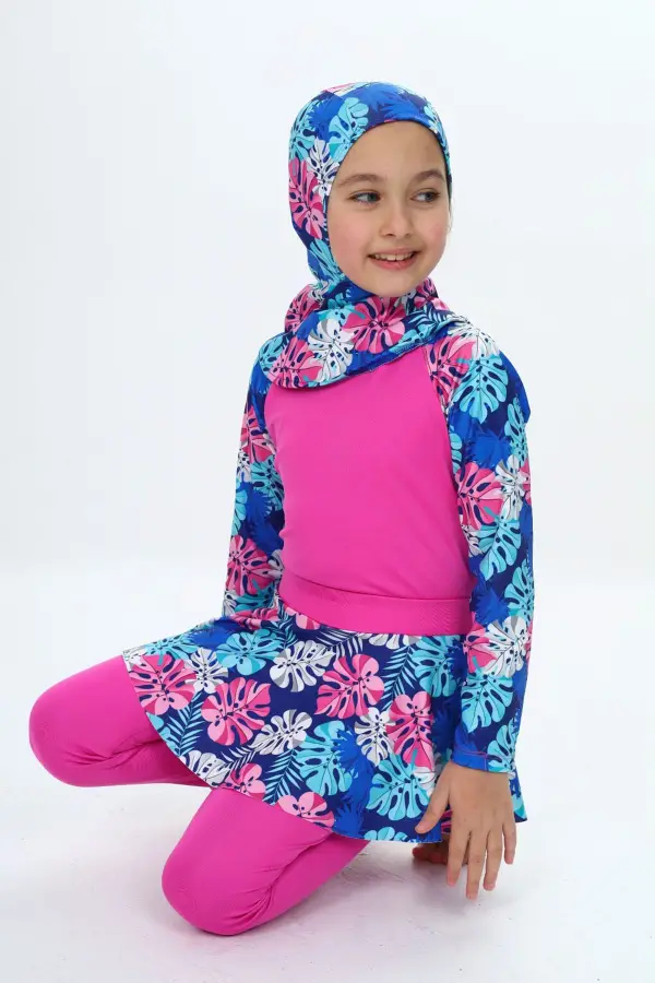 Üç Parça Kız Çocuk Haşema, Tesettür, Etekli, Kapalı Mayo