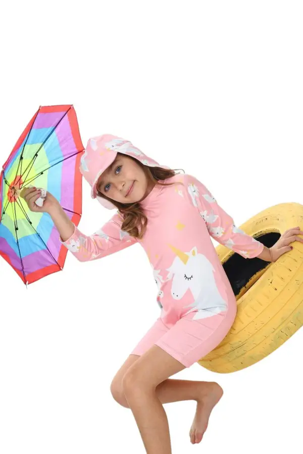 Şapkalı Fermuarlı Uzun Kollu  Kız Çocuk Mayo