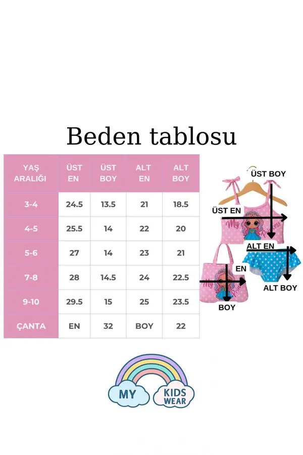 Üç Parça Çantalı Kız Çocuk Fırfırlı Bikini Takım