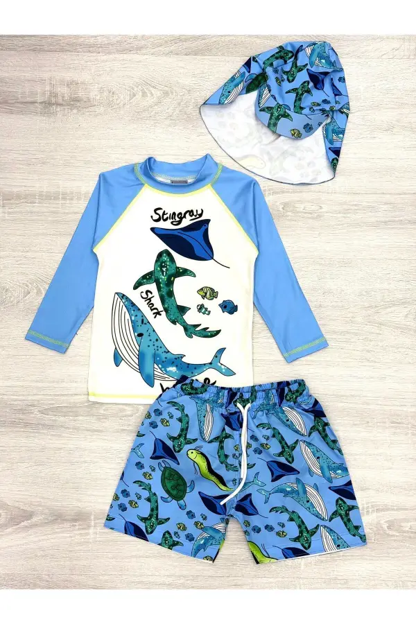 Güneş Korumalı Boneli Karakter Desenli Deniz Şortlu Mayo Takım