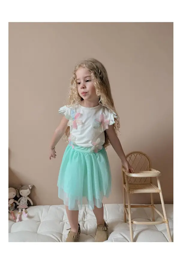 Zambak Çicekli Kız Çocuk Etekli Takım