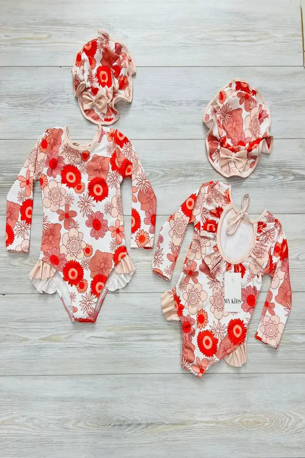 Şapkalı Sırtı Fırfırlı İp Askılı Çiçekli Mayo