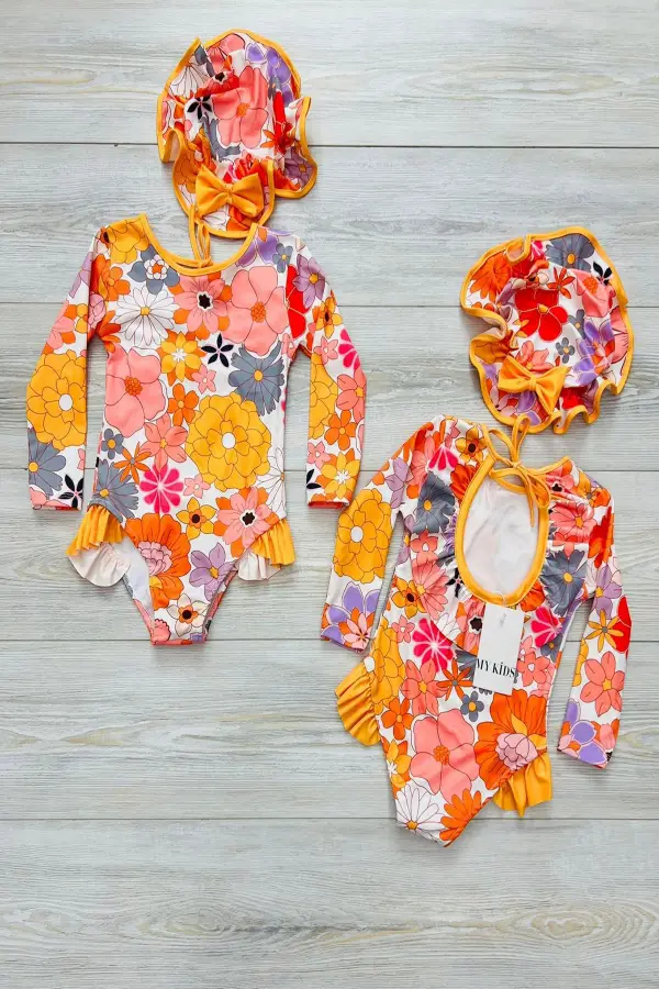 Şapkalı Sırtı Fırfırlı İp Askılı Çiçekli Mayo