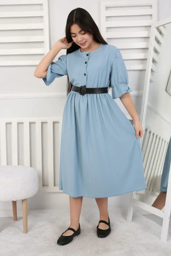 Beli Büzgü Ve Kemerli Kız Çocuk Elbise