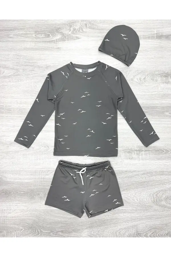 Boneli Bağcıklı Uzun Kol Güneş Korumalı Erkek Çocuk Mayo