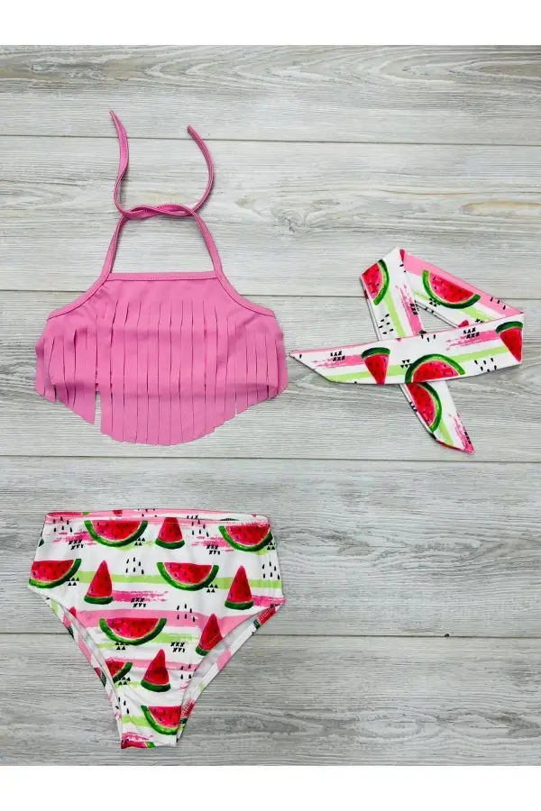 Bandanalı Fırfır Detaylı Yüksek Bel Kız Çocuk Mayo Takımı