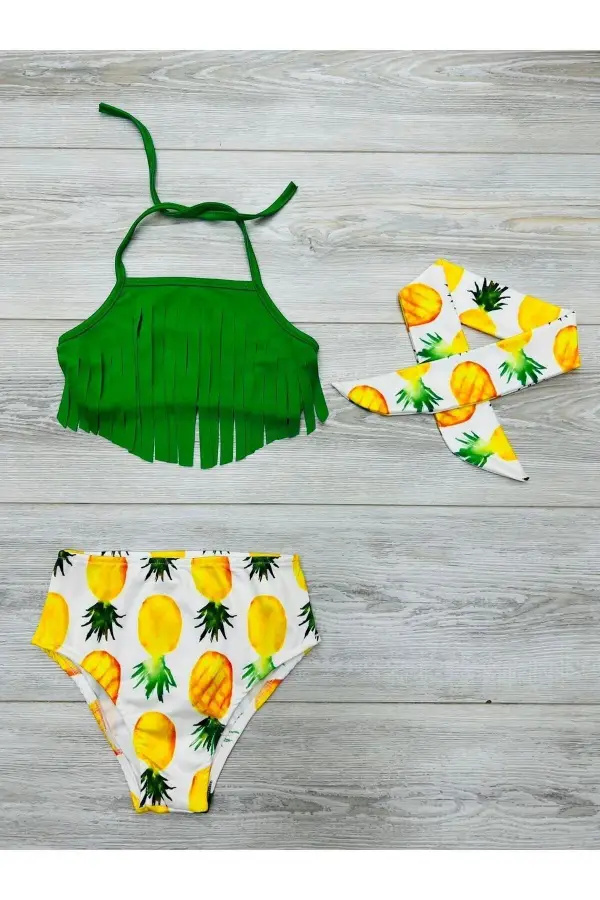 Bandanalı Fırfır Detaylı Yüksek Bel Kız Çocuk Mayo Takımı