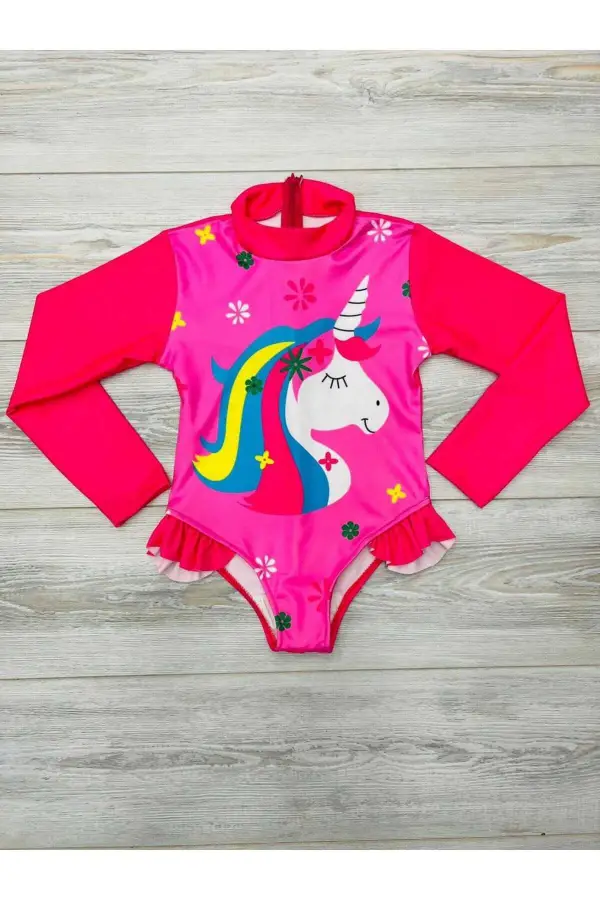 Uzun Kollu Karakter Baskılı Fırfır Detaylı Mayo