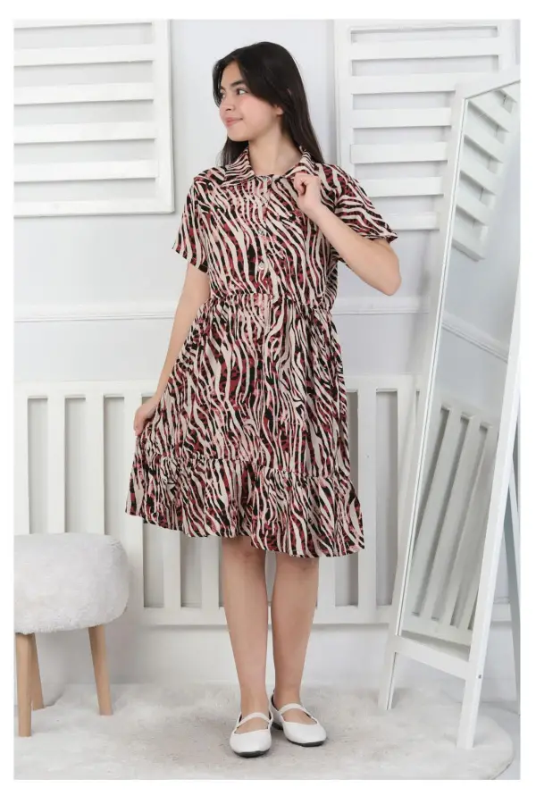 Desenli Kız Çocuk Düğmeli Elbise