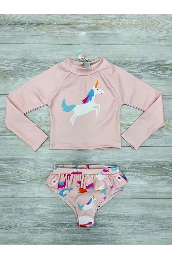 Uzun Kollu Güneş Korumalı Alt Bikinlili Kız Çocuk Mayosu