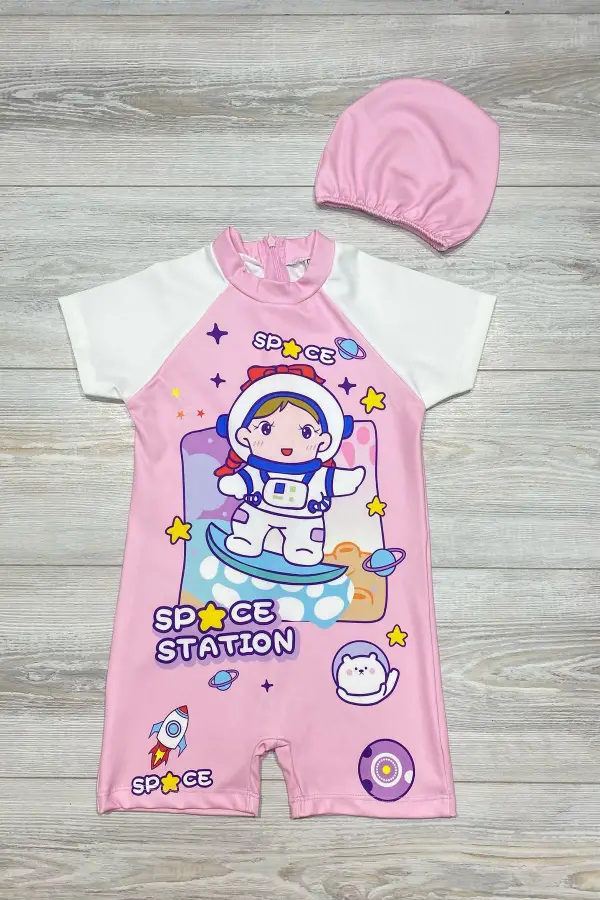 Çizgi Film Desenli Fermuarlı Boneli Kız Çocuk Mayosu