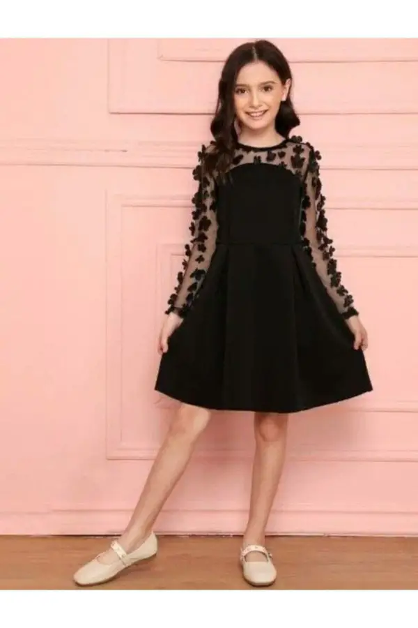 Tül Detaylı Siyah Elbise 2