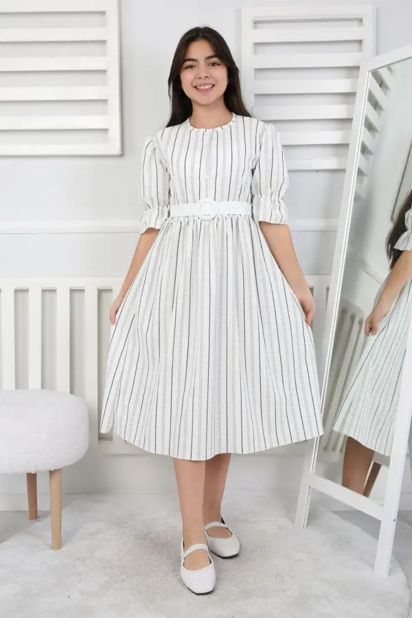 Beli Büzgü Ve Kemerli Kız Çocuk Elbise