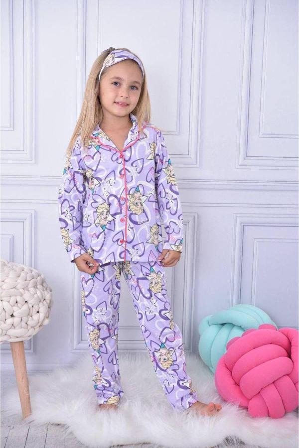 Kız Çocuk Göz Bantlı Frozen Elsa Düğmeli Uzun Kollu Pijama Takımı