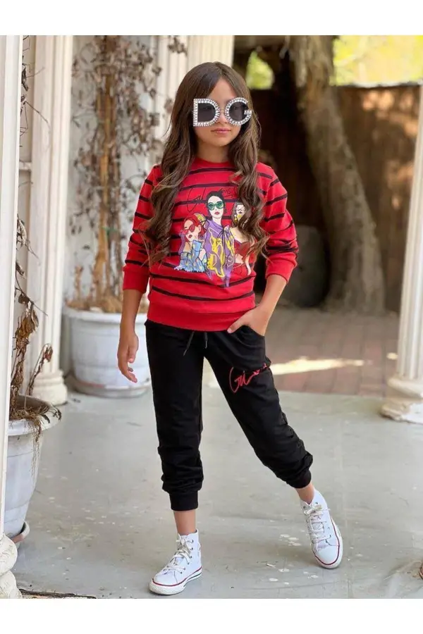 Çizgili Desenli Kız Çocuk Takım