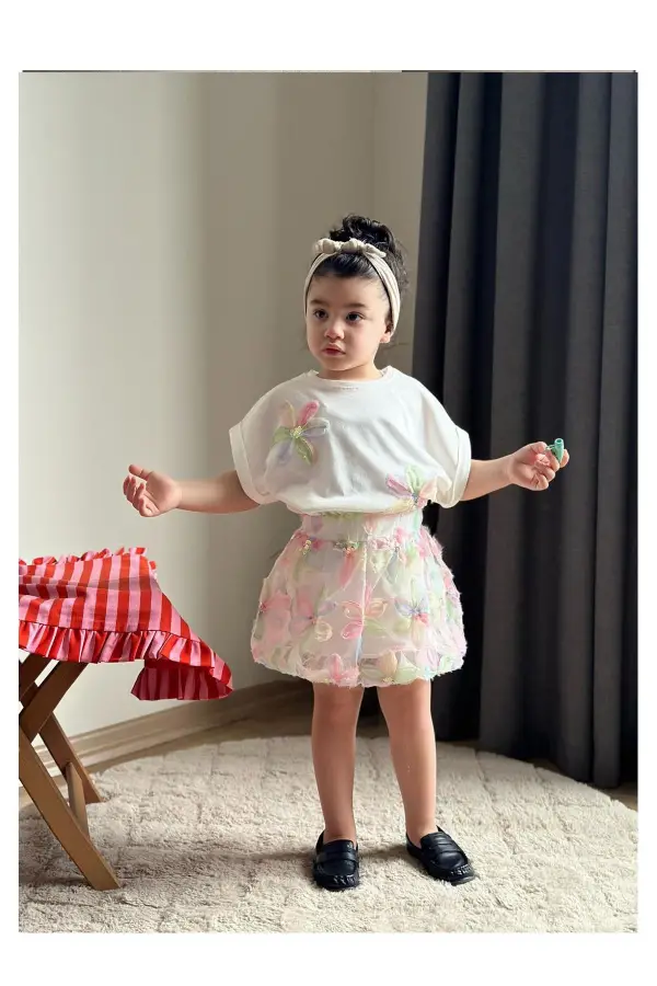 Zambak Çicekli Kız Çocuk Etekli Takım