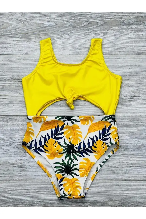 Kız Çocuk Sırt Detaylı Önden Bağlamalı Desenli Mayo