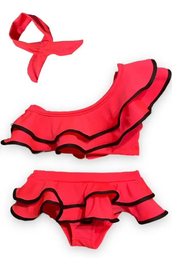 Kız Çocuk Neon Renkler Pembe Renk Tek Omuz Fırfırlı Bikini Takımı