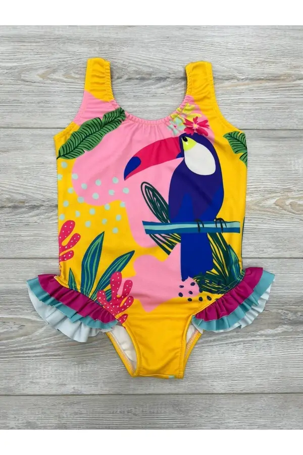 Kuş Baskılı Tüllü Desenli Kız Çocuk Mayo